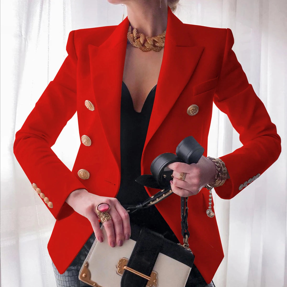 Turn Down Collar Office Blazer - Solid Long Sleeve Suit Coat