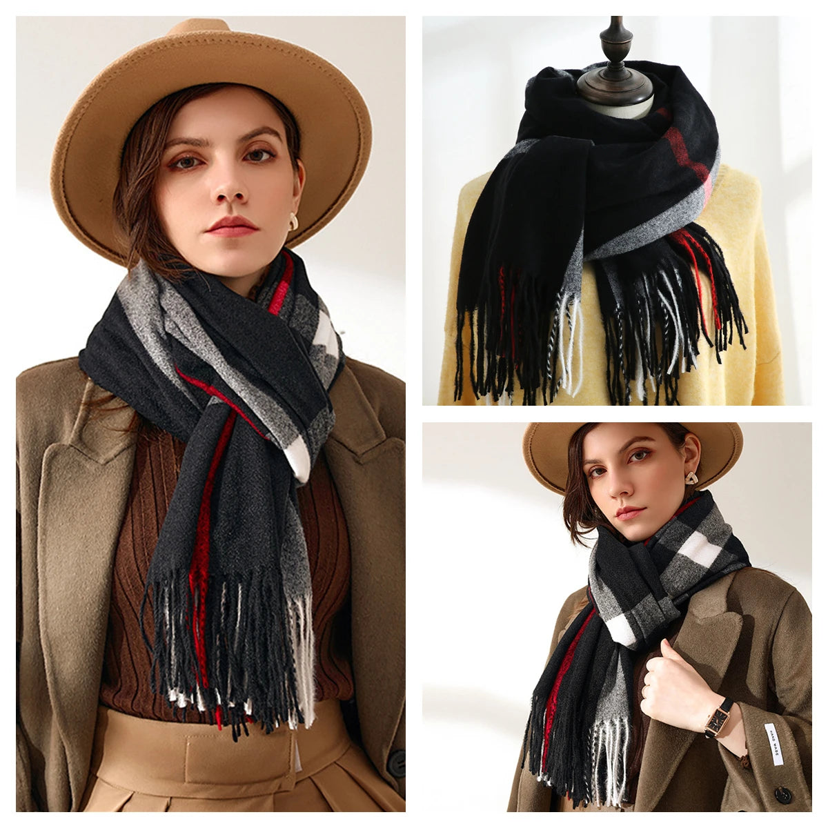 Classic Plaid Blanket Scarf - Cashmere-Feel Large Warm Shawl