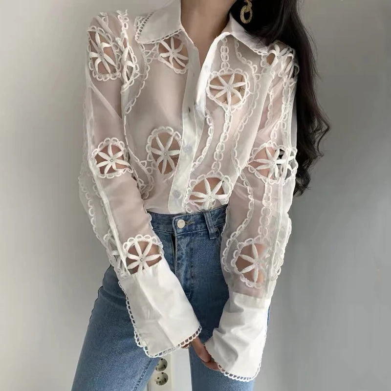 White Embroidered Hollow Blouse - Long Sleeve Vintage Office Top