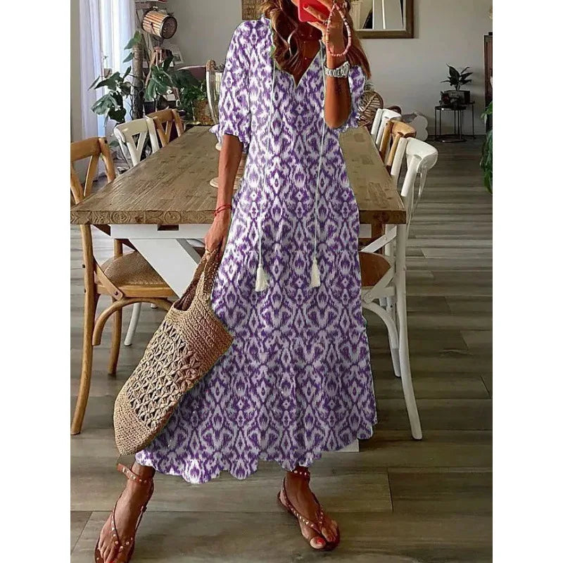 Bohemian Floral V Neck Maxi Dress - Drawstring Beach Vacation Outfit