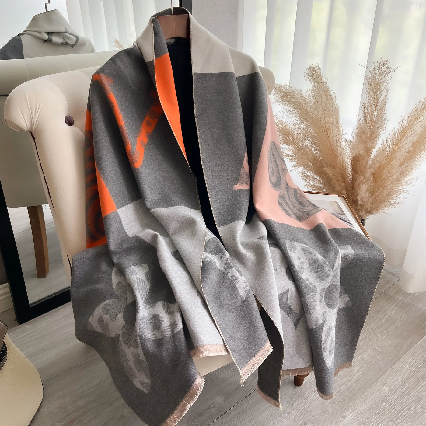 Floral Print Cashmere-Feel Scarf - Soft Autumn Winter Shawl