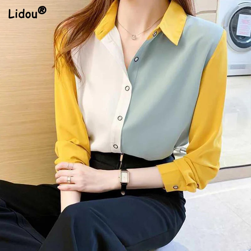 Solid Turn Down Collar Blouse - Slim Office Lady Button Shirt
