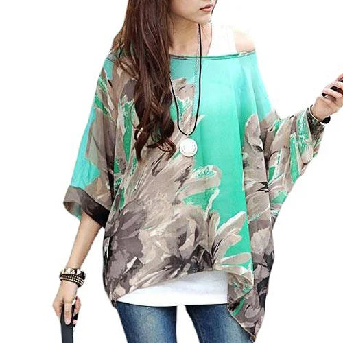 Plus Size Batwing Chiffon Blouse - Boho Loose Summer Shirt