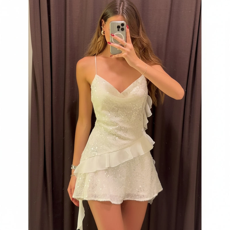 White Sequin Halter Dress - Backless Ruffle Party Prom Outfit
