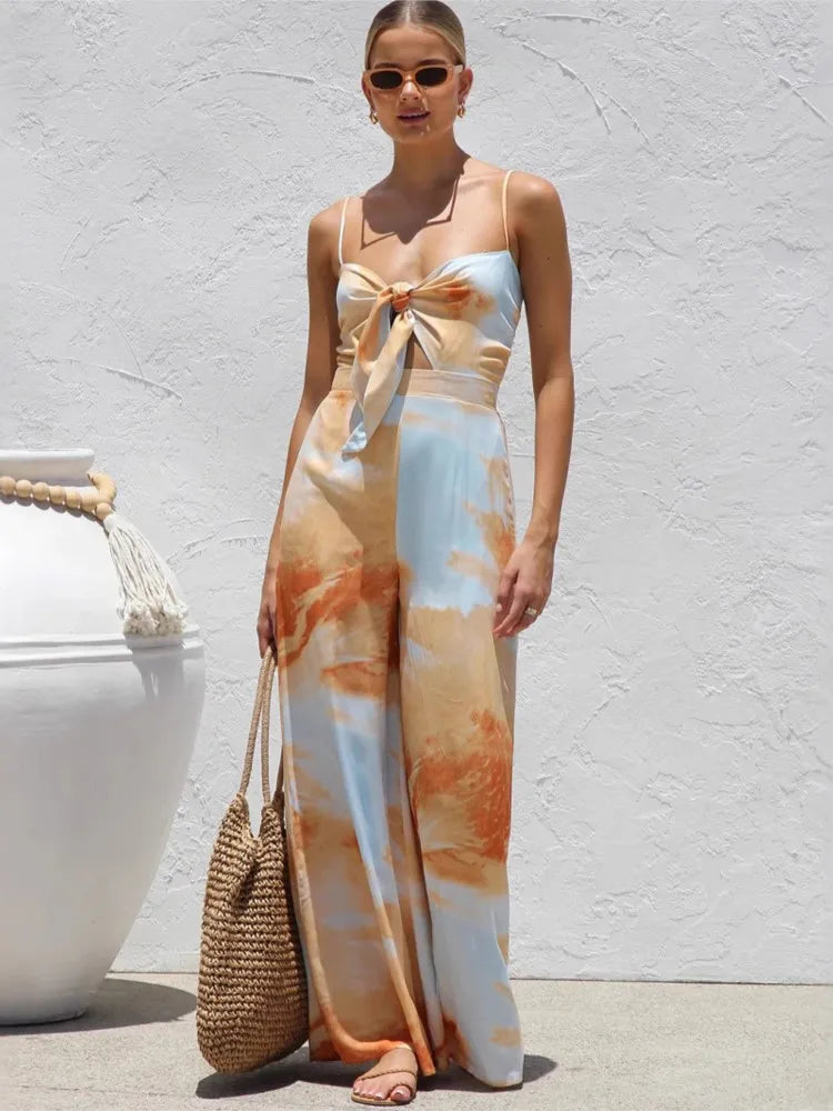 Printed Spaghetti Strap Bowknot Jumpsuit - High Waist Vacation Outfit