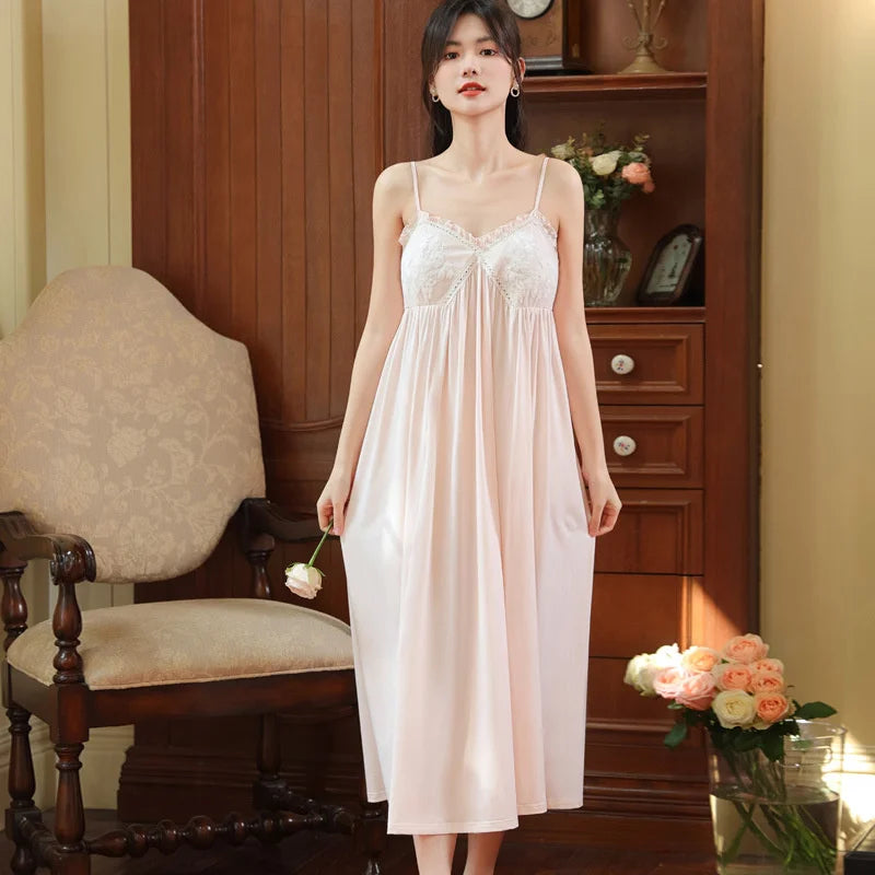 Embroidered Lace Cotton Nightdress - Palace Style Sling Sleepwear