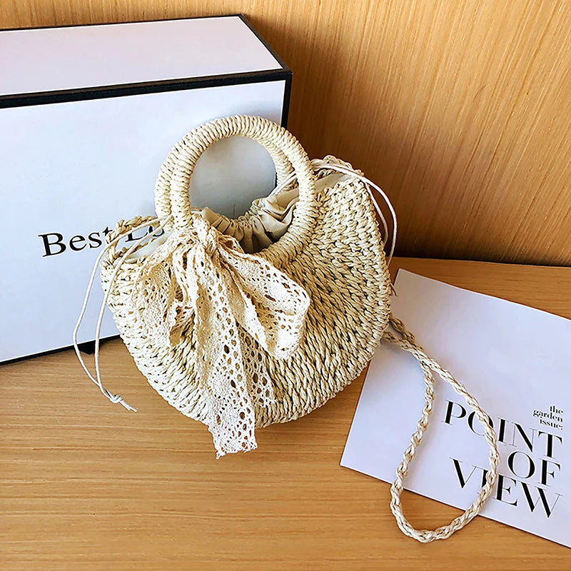 Half-Round Rattan Straw Crossbody Bag - Handmade Summer Beach Purse
