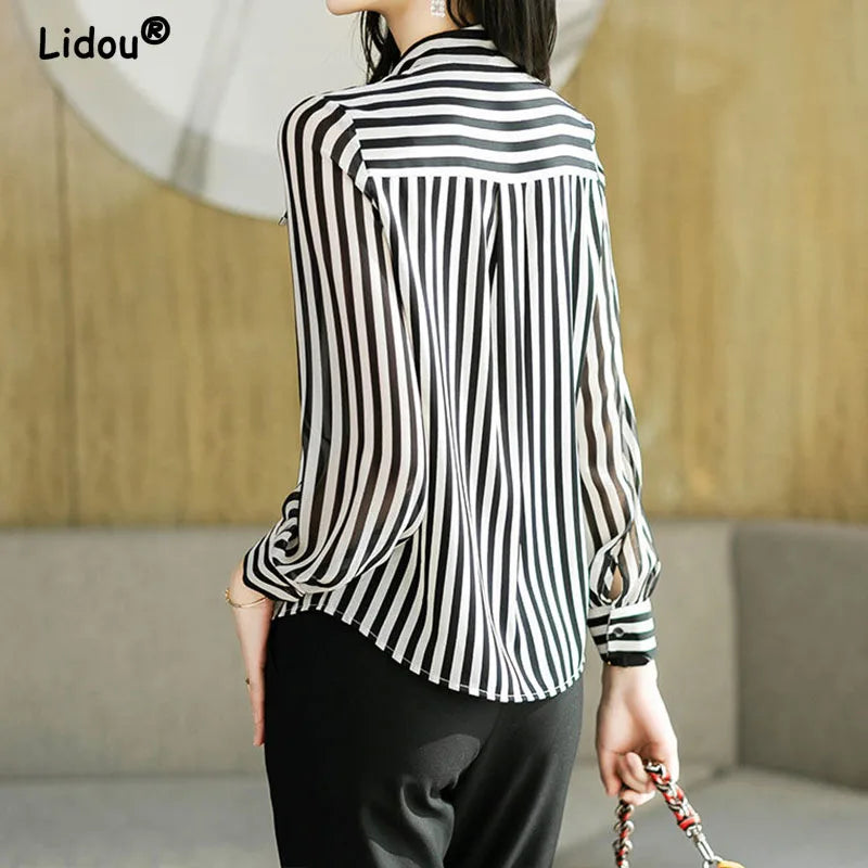 Striped Bow Collar Blouse - Long Sleeve Office Lady Shirt