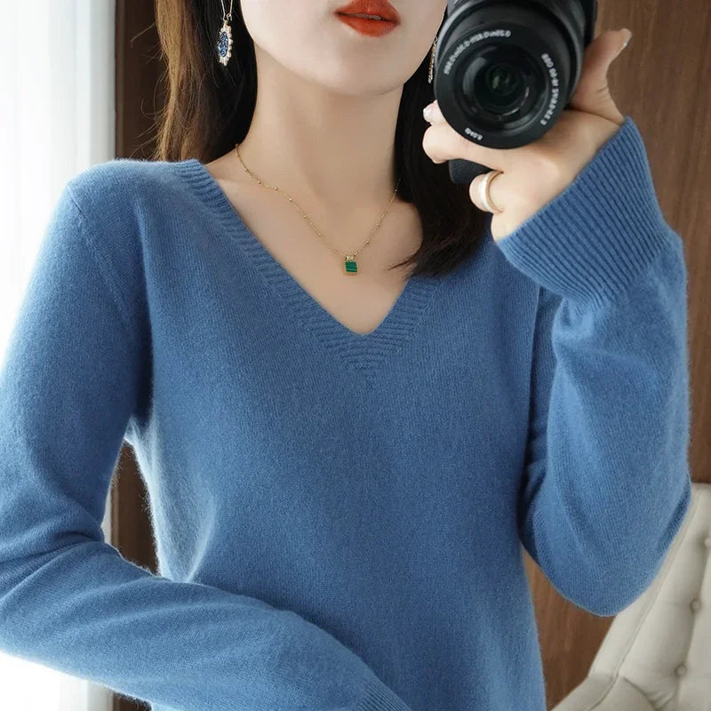 V Neck Stretch Pullover Sweater - Slim Solid Knitwear Top