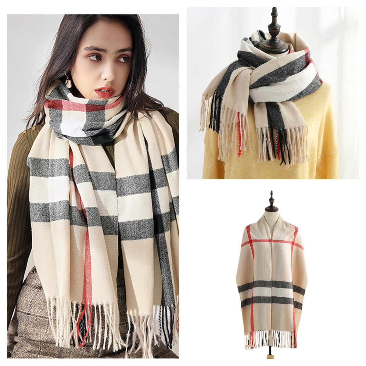 Classic Plaid Blanket Scarf - Cashmere-Feel Large Warm Shawl