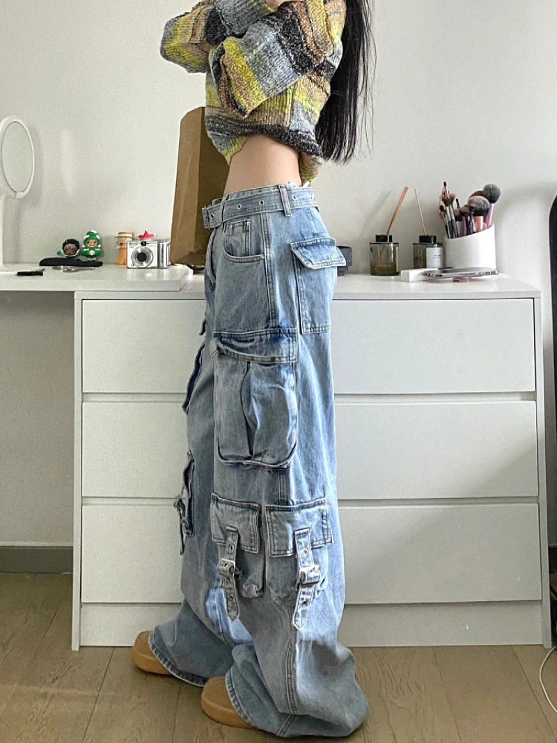 Multi-Pocket Cargo Jeans - American Street Baggy Wide Leg Denim