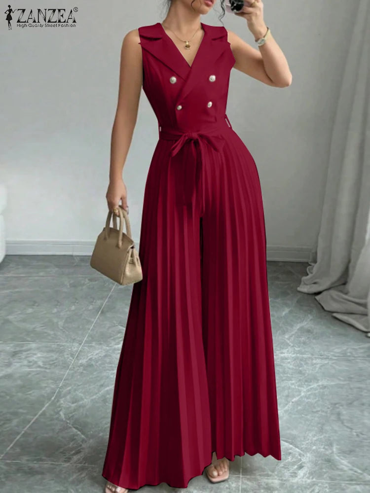 ZANZEA V Neck Pleated Jumpsuit - Sleeveless Wide Leg Workwear