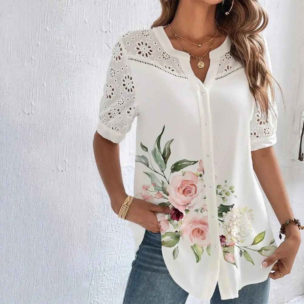Lace Loose Short Sleeve Blouse - Elegant Holiday Weekend Shirt
