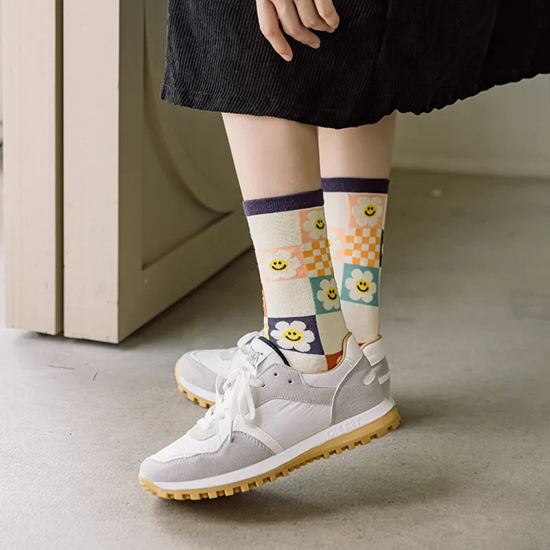 Diamond Fruit Flower Long Socks - Cute Colorful Pattern Crew Pair