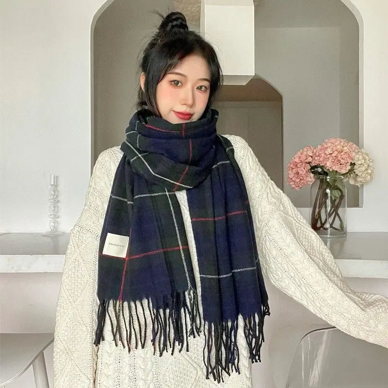 Plaid Cashmere-Feel Winter Scarf - Long Tassel Shawl Wrap
