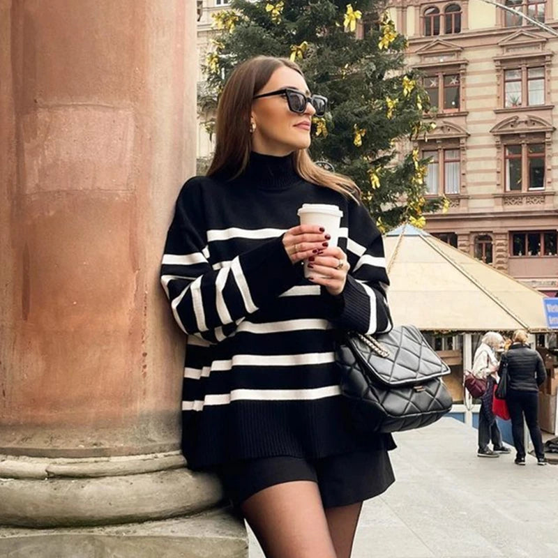 Black White Stripe Turtleneck Sweater - Loose Knit Pullover
