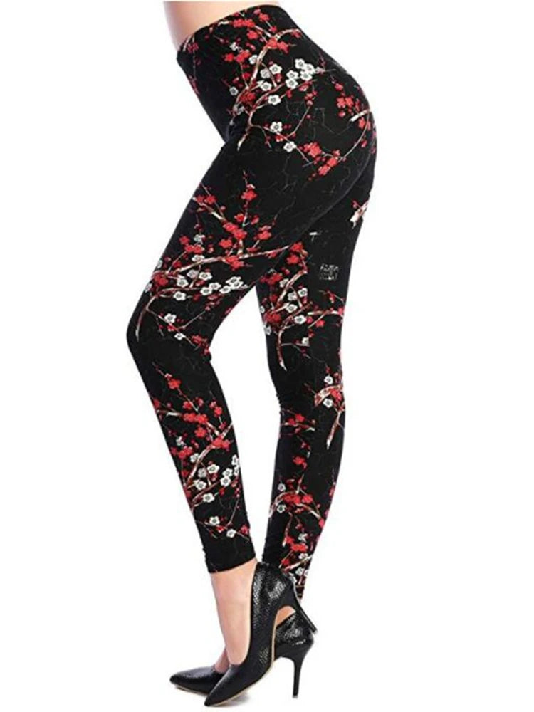 Graffiti Floral Print Leggings - Stretch Ankle-Length Everyday Tights