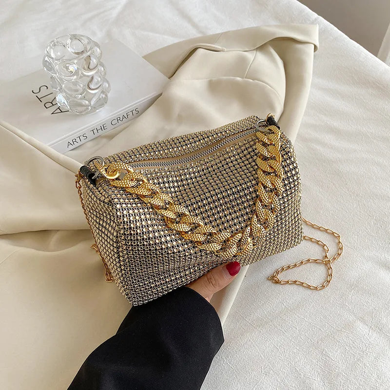 Glitter Rhinestone Bucket Bag - Mini Chain Prom Crossbody Purse