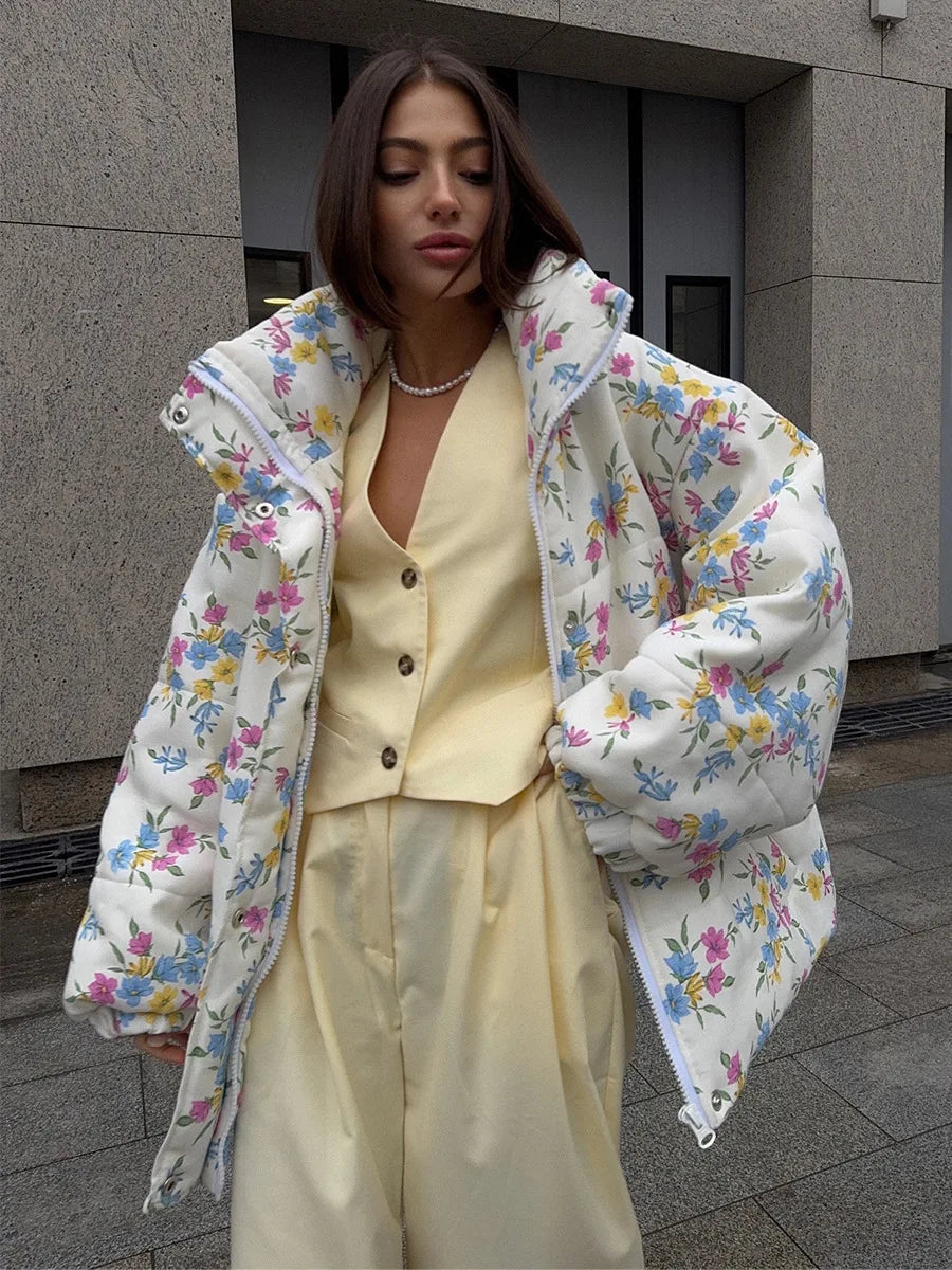 Floral Print Puffer Jacket - Stand Collar Warm Cotton Filled Coat