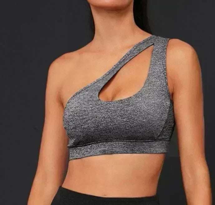 One Shoulder Yoga Sports Bra - Wire Free Push Up Crop Top