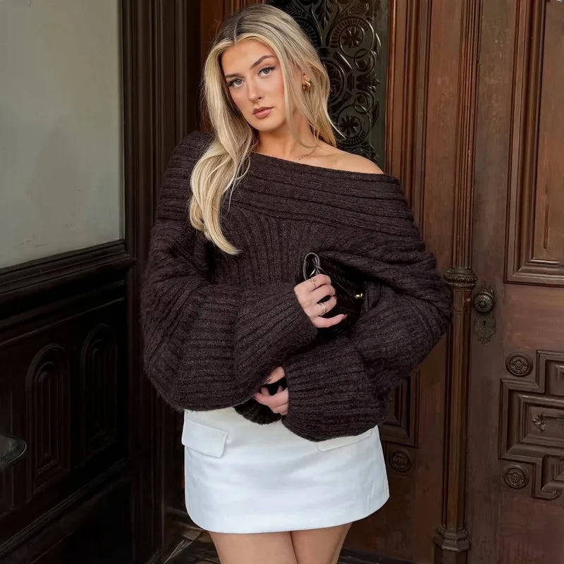 Off Shoulder Loose Sweater - Brown Retro Slash Neck Knit Top