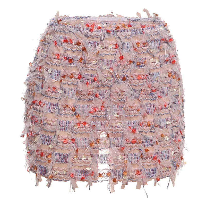 Colorful Tassel Knit Hip Skirt - Stretch Summer Streetwear Bottom