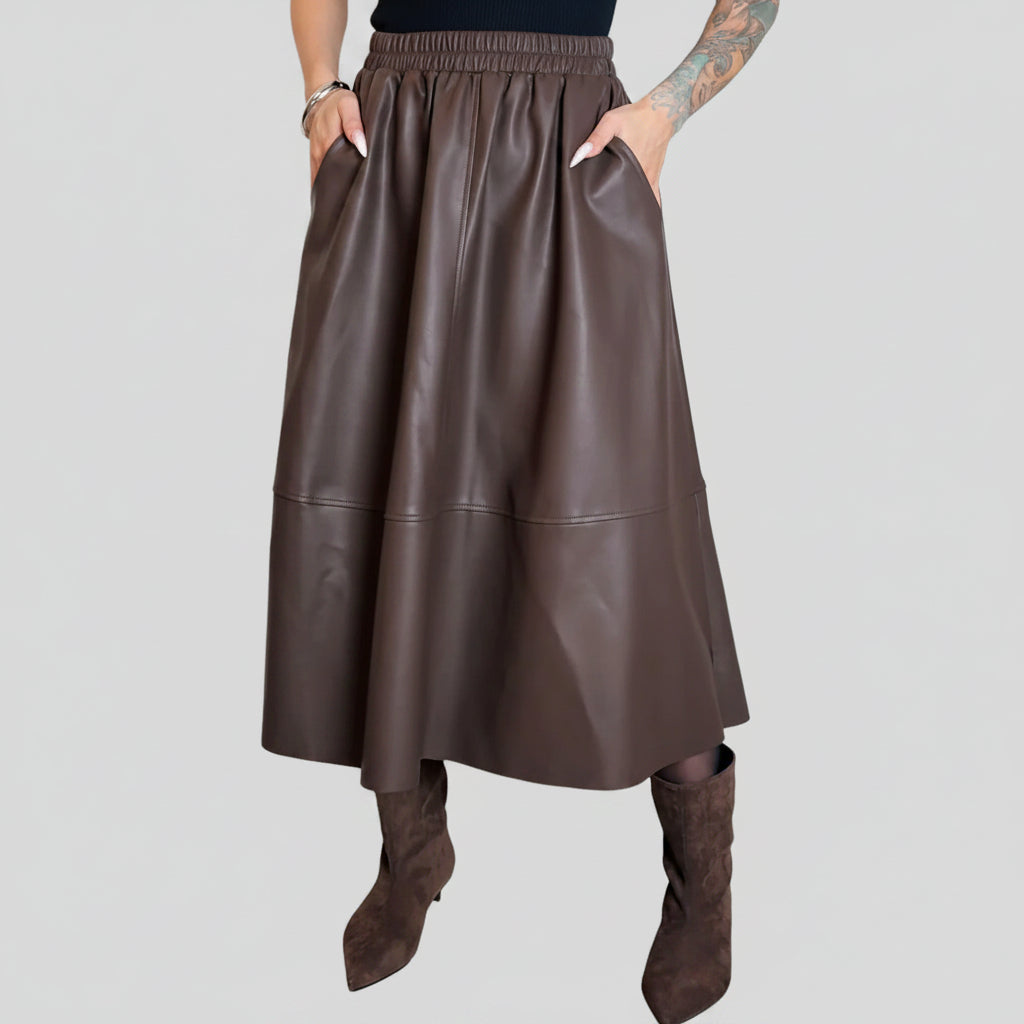 Midi Faux Leather A-Line Skirt - Elastic Waist Pocket Swing Skirt
