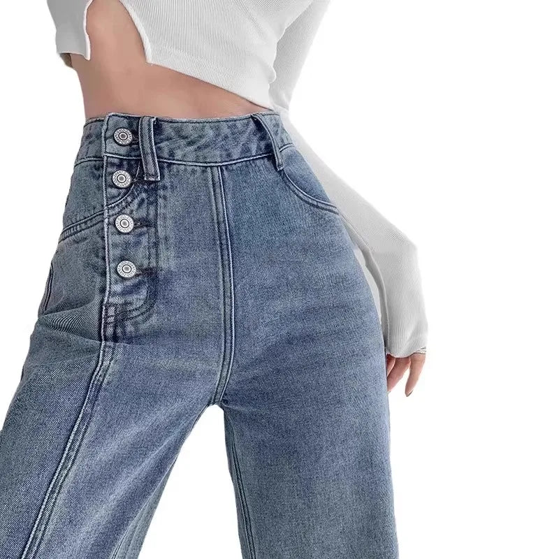 Loose Straight Leg High Waist Jeans - Draped Wide Leg Denim Pants