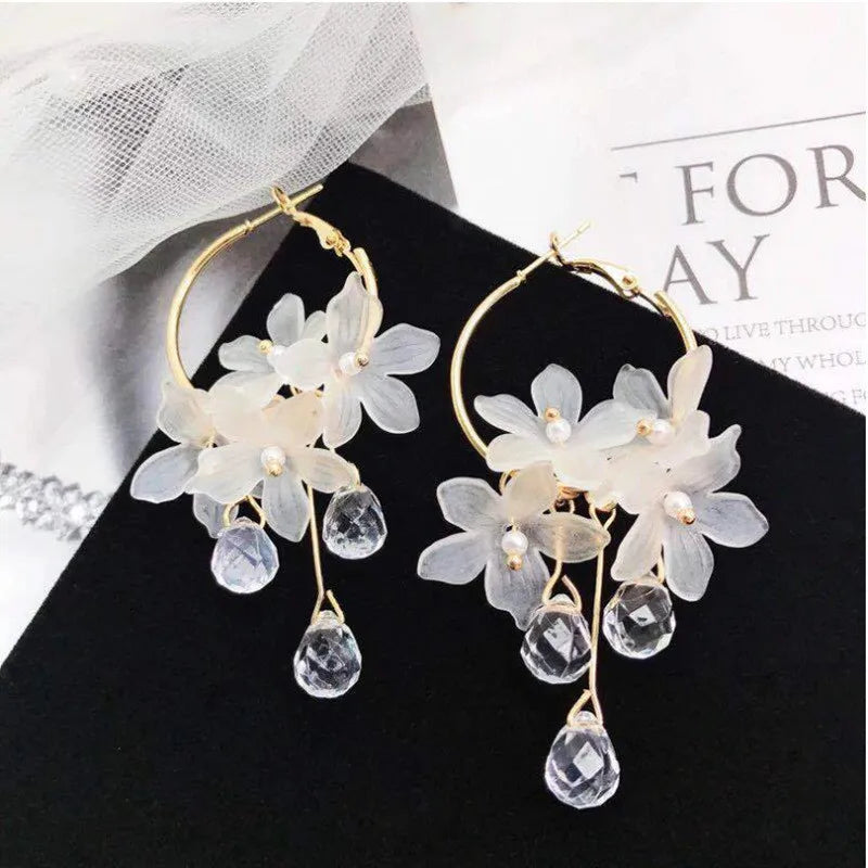 Crystal Flower Drop Earrings - Korean Long Tassel Gift Jewelry