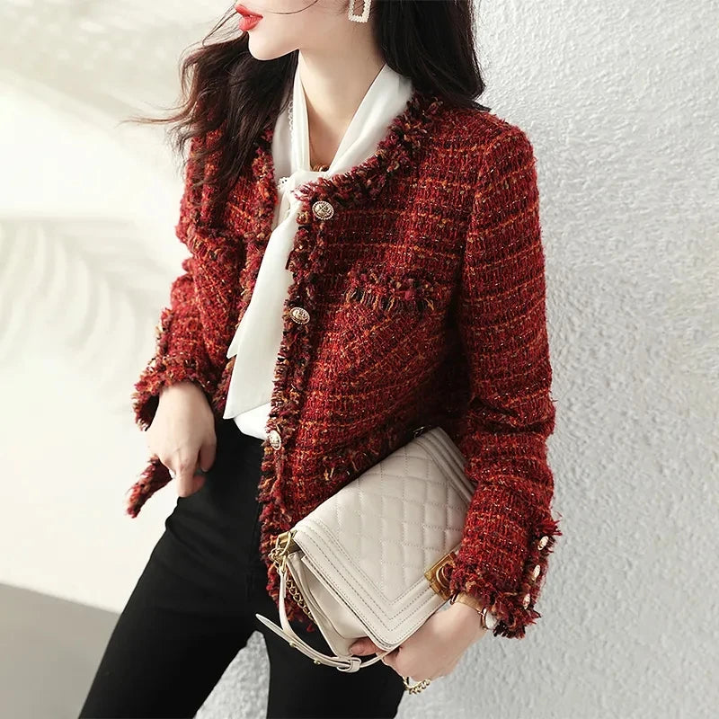 Red Tweed Short Jacket - Thick Slim French Style Outwear
