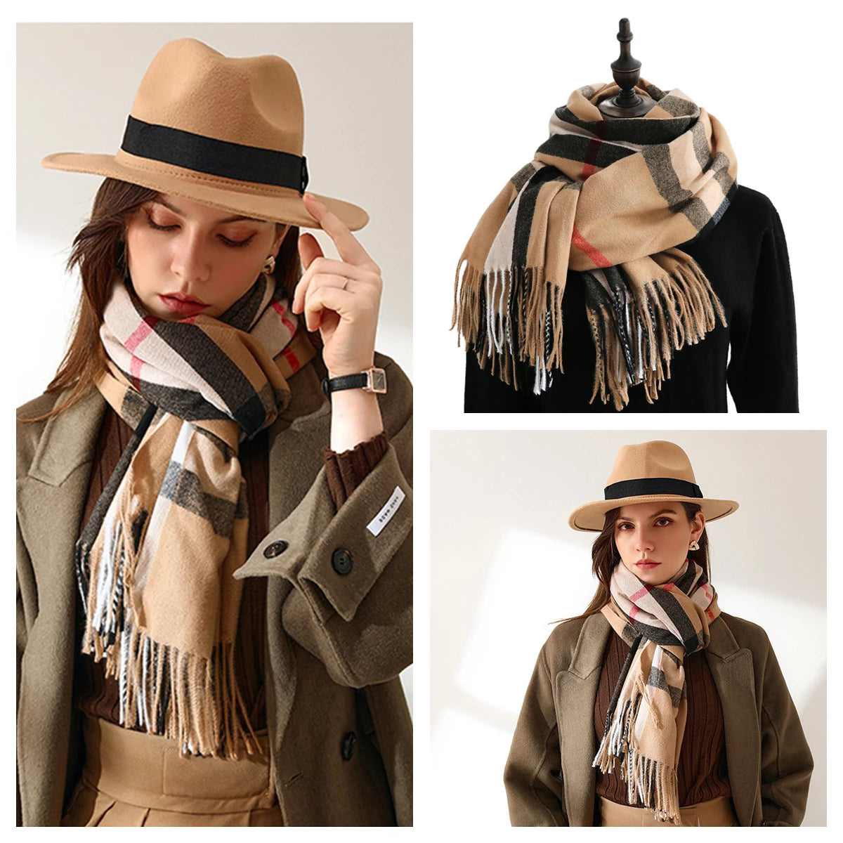 Classic Plaid Blanket Scarf - Cashmere-Feel Large Warm Shawl