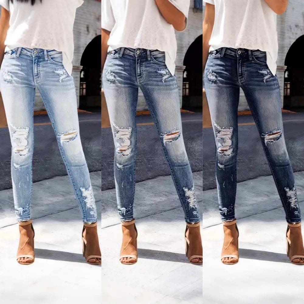 Washed Distressed Straight Jeans - Stretch Ripped Streetwear Denim