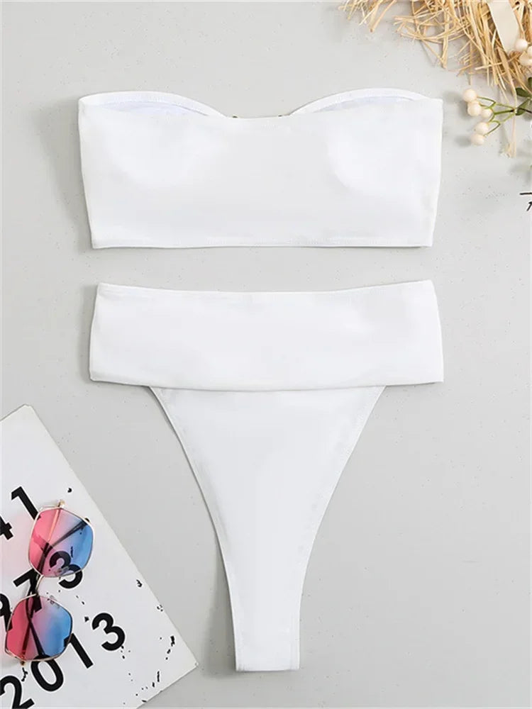 Metal Detail High Waist Bikini Set - Bandeau Push Up Swimwear