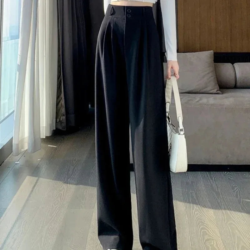 Korean High Waist Wide Leg Suit Pants - Office Streetwear Trousers