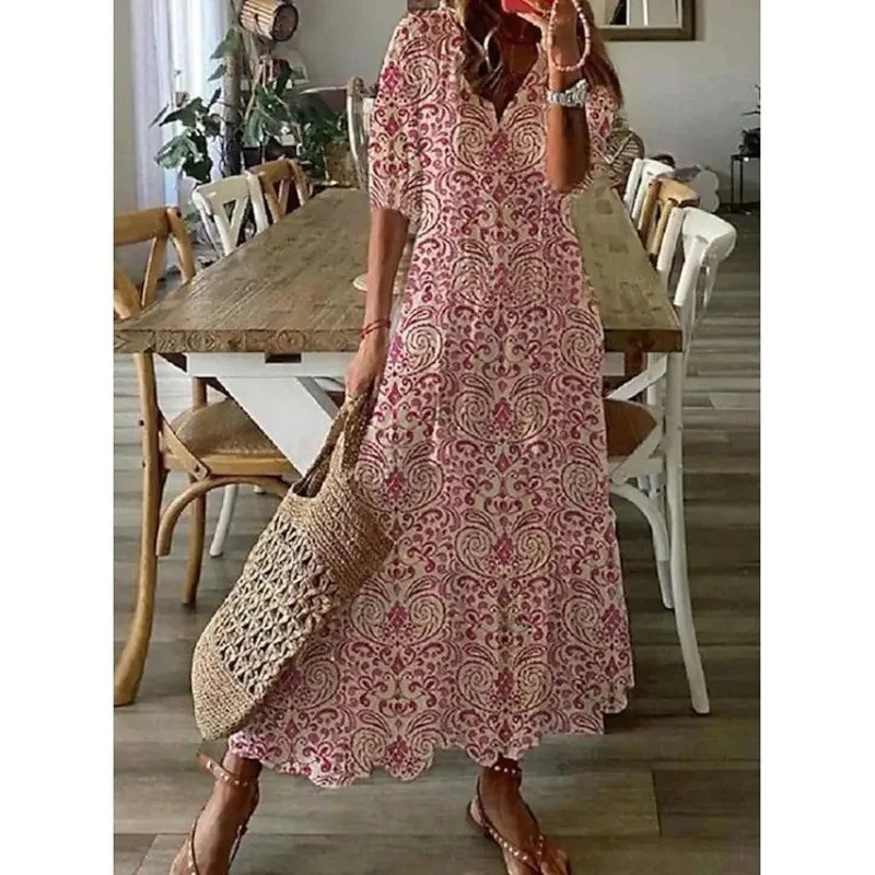 Bohemian Floral V Neck Maxi Dress - Drawstring Beach Vacation Outfit