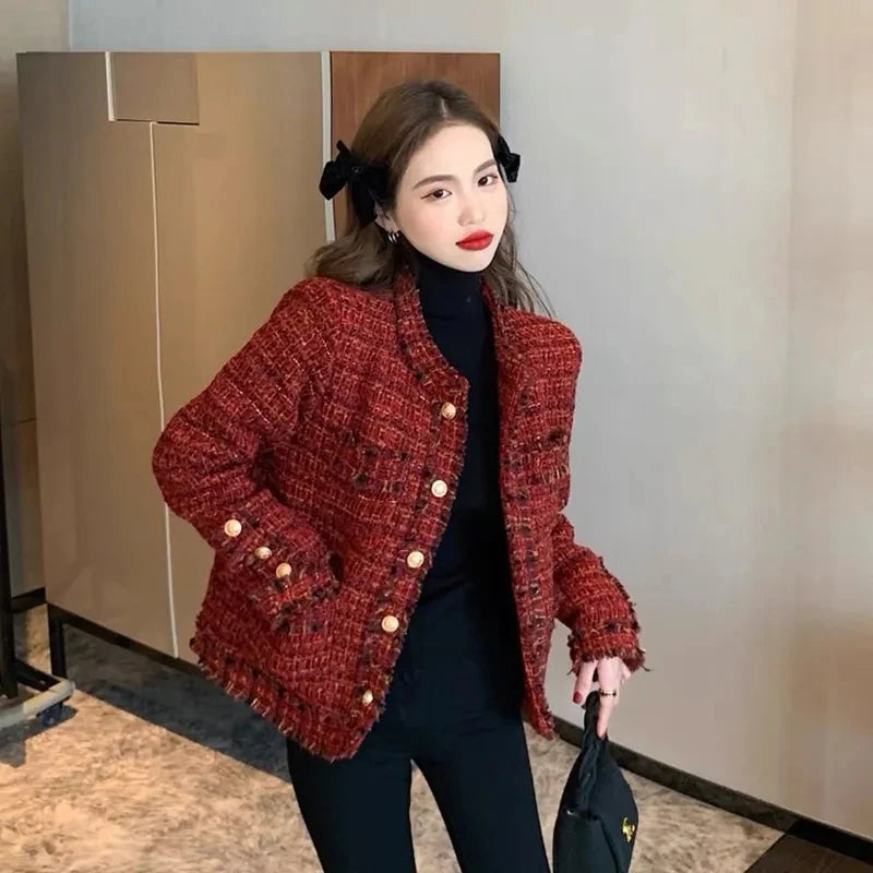 Red Tweed Short Jacket - Thick Slim French Style Outwear