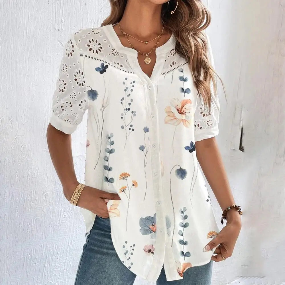 Lace Loose Short Sleeve Blouse - Elegant Holiday Weekend Shirt