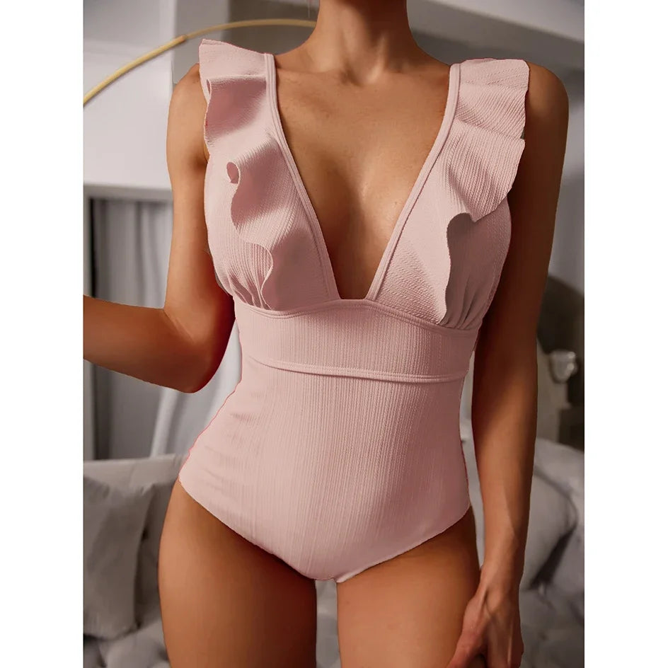 Deep V Ruffle One Piece Swimsuit - Adjustable Beach Monokini