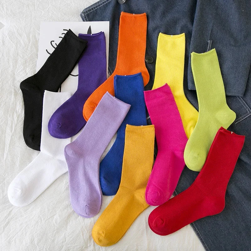 Solid Color Crew Socks - Breathable Preppy Korean Socks