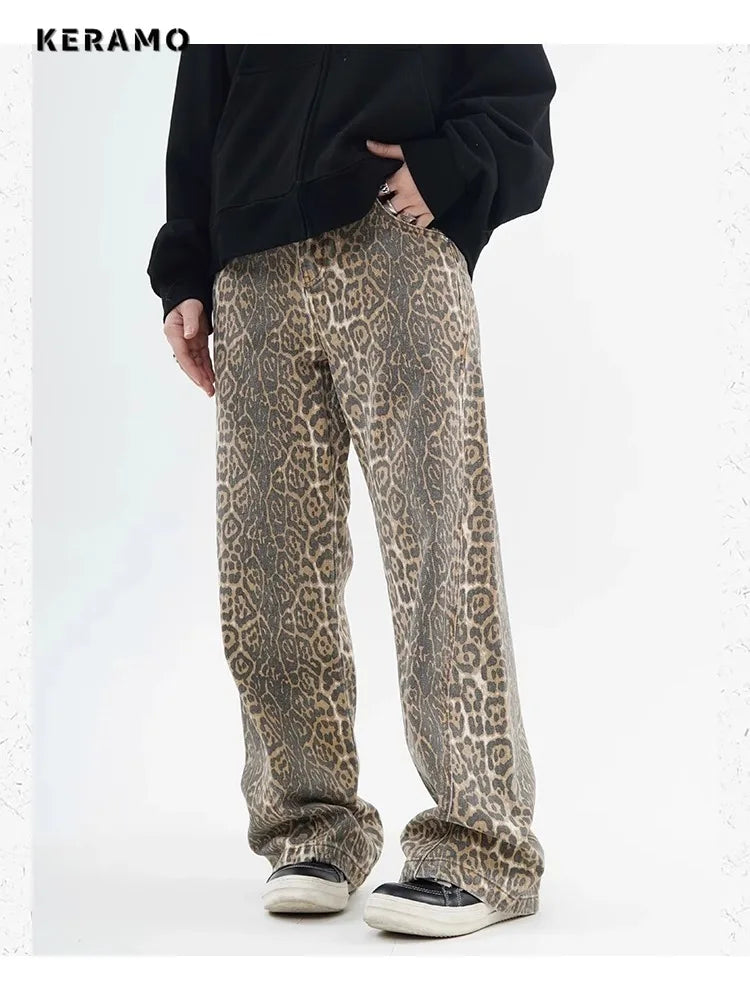 Leopard Print Wide Leg Jeans - Oversized High Waist Denim Pants