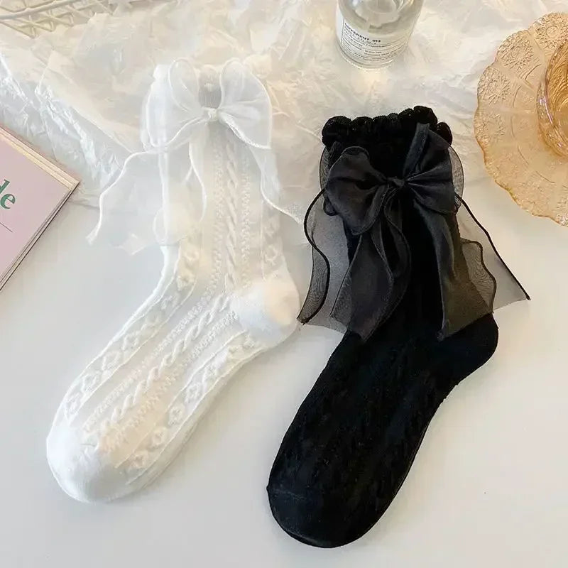 Lace Bow Ruffle Socks - Japanese Lolita Mid Tube Stockings