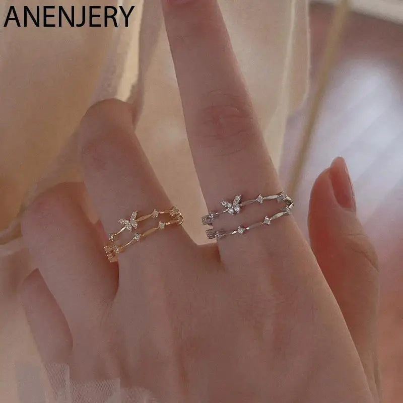 Zircon Butterfly Adjustable Ring - Silver Color Double Layer Accessory