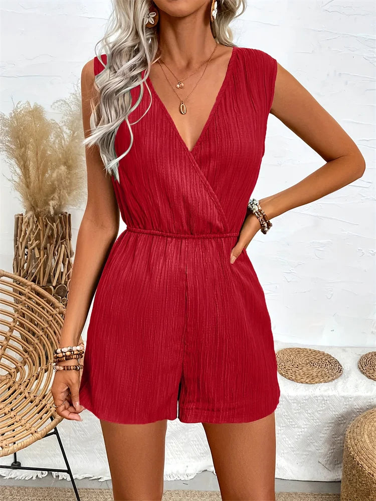 Cross V Neck Sleeveless Romper - Casual Summer Vacation Playsuit