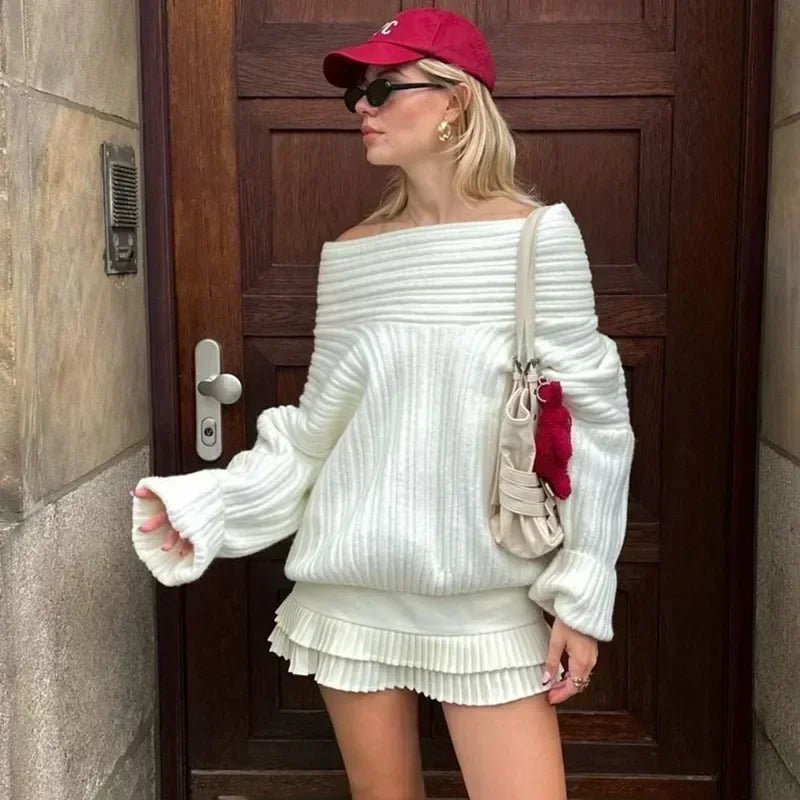 Off Shoulder Loose Sweater - Brown Retro Slash Neck Knit Top
