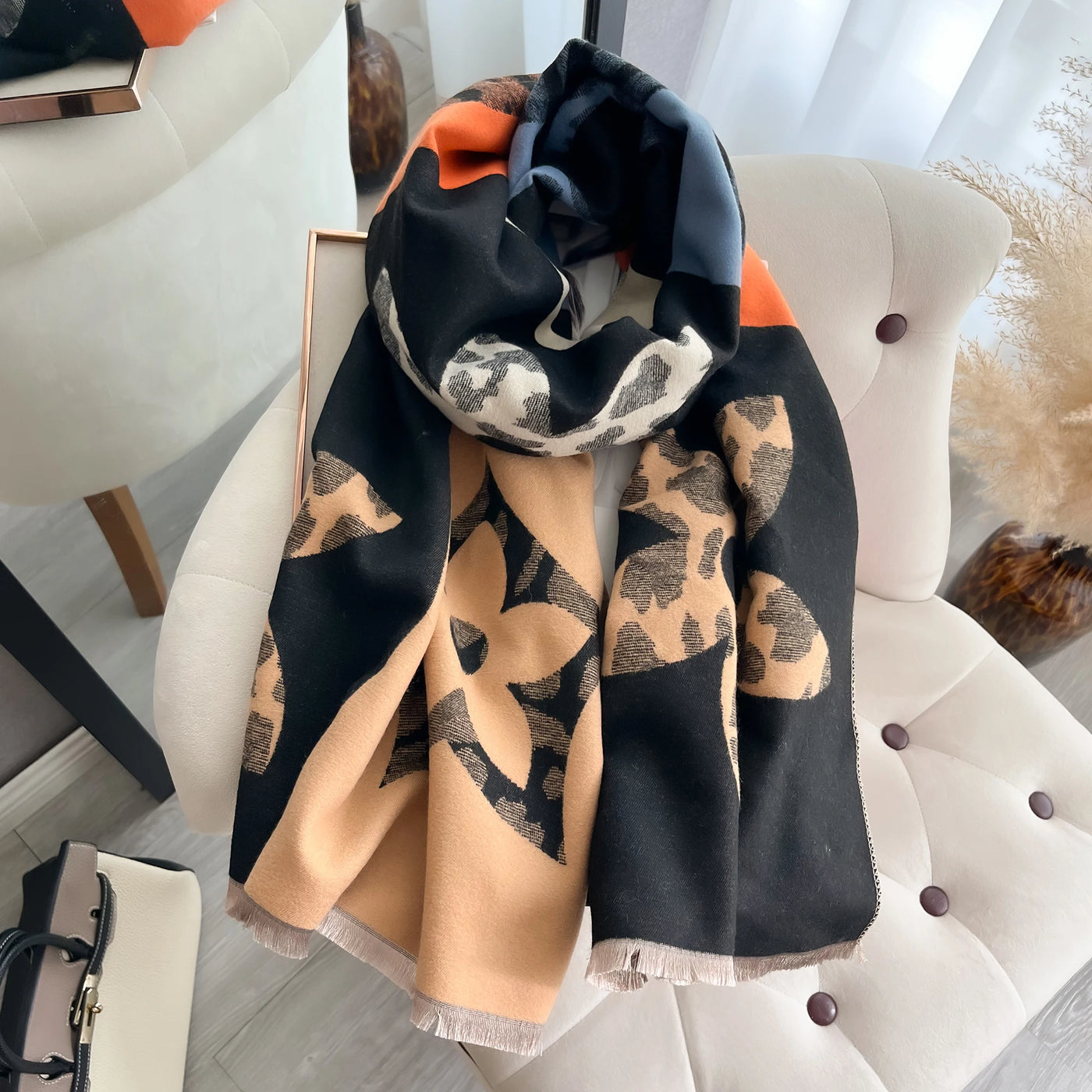 Floral Print Cashmere-Feel Scarf - Soft Autumn Winter Shawl