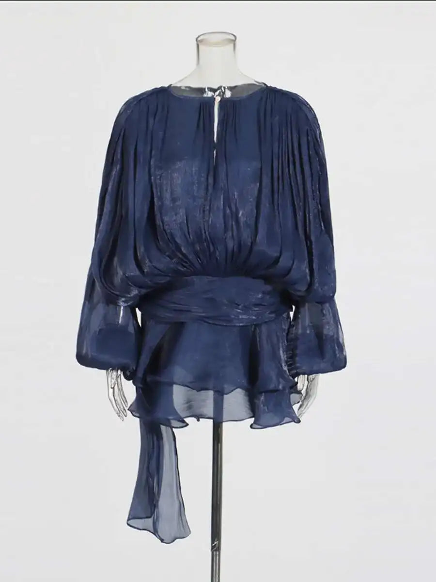 Lace Up Blouse Mini Dress - V Neck Long Sleeve Sweet Style Outfit