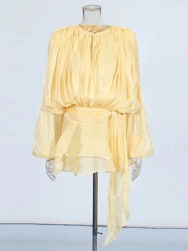 Lace Up Blouse Mini Dress - V Neck Long Sleeve Sweet Style Outfit