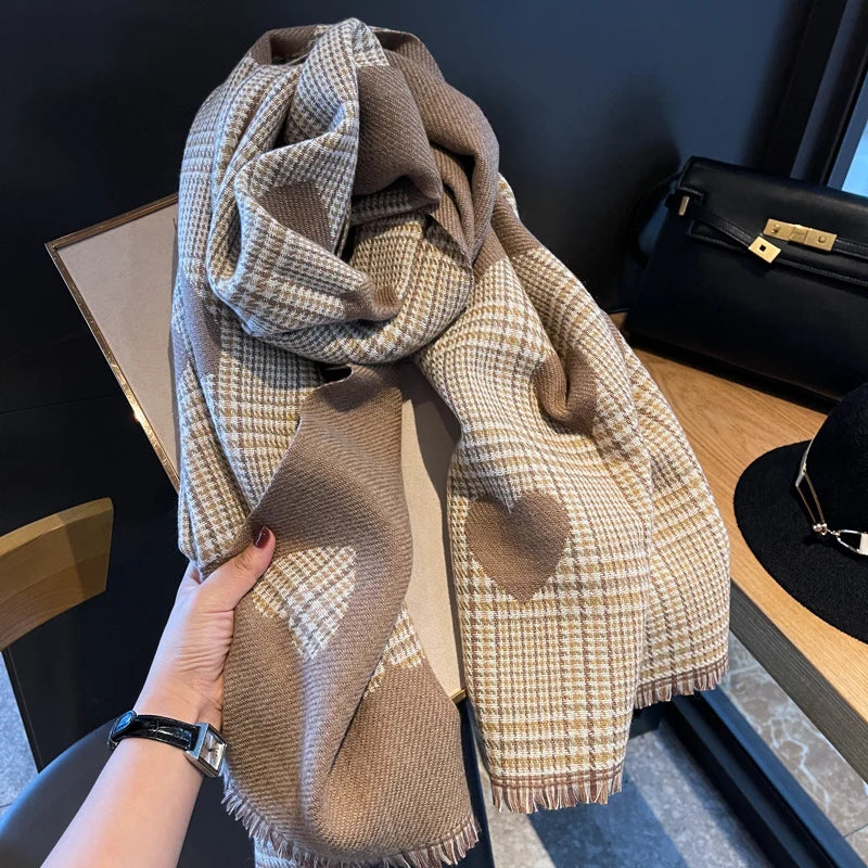 Double Side Heart Plaid Scarf - Thick Warm Winter Shawl