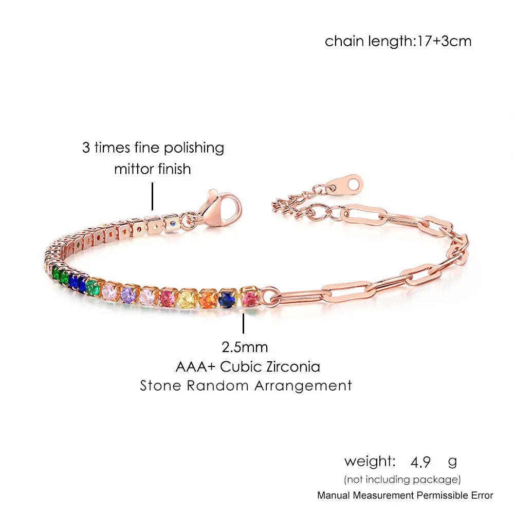 Adjustable Rainbow Zircon Tennis Bracelet - Colorful Wedding Hand Chain