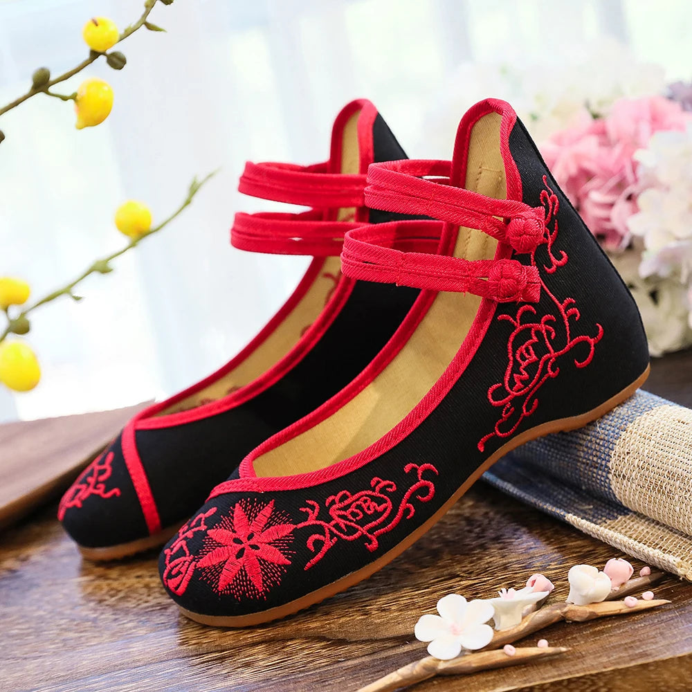 Sunflower Embroidered Ballet Flats - Canvas Ankle Strap Casual Shoes